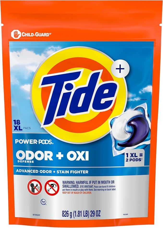 Tide Odor Defense + Oxi Laundry Detergent Pacs, Original Scent, 18 Count, Advanced Odor + Stain Fighter, laudry soap washing detergent pacs (Pack of 4)