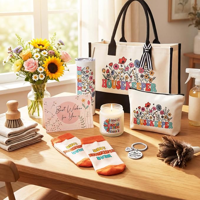 Patelai 7 Pcs Housekeeping Appreciation Gifts Thank You Housekeepers Birthday Gift Set with 20 oz Tumbler Canvas Tote Makeup for Mother's Day Housekeeper House Cleaner Employees Staff