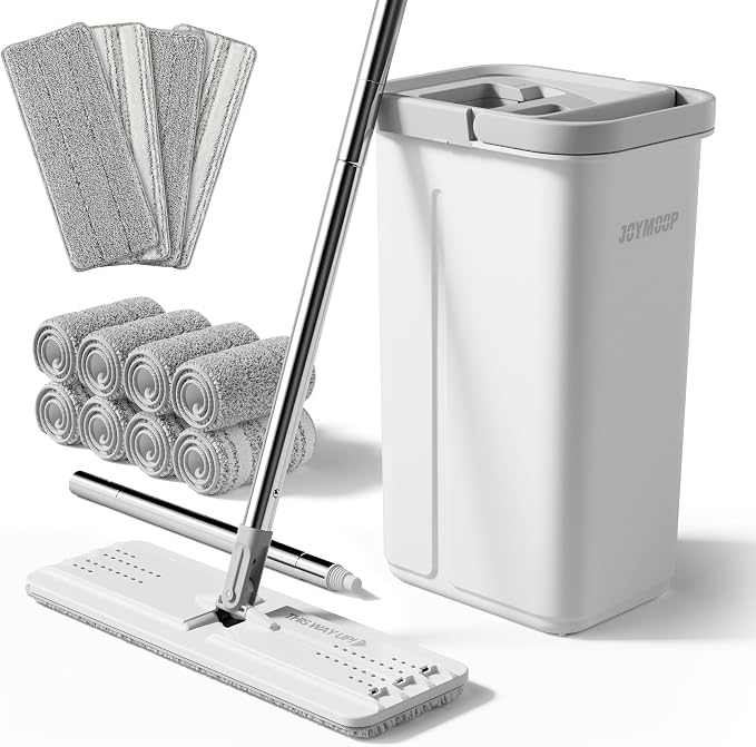 JOYMOOP Mop and Bucket with Wringer Set with 61" Mop Handle with Flexible 13" Flat Head with 12 pcs Microfiber Mop Pads - White