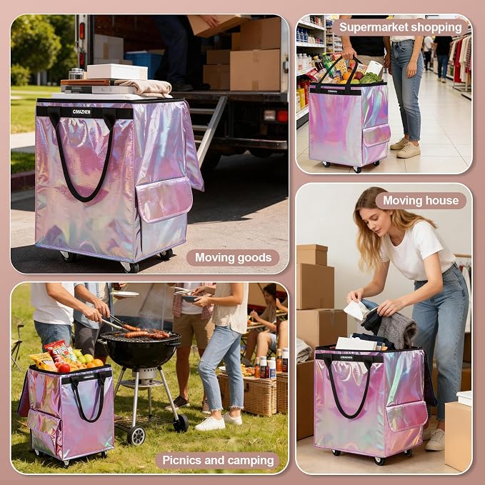 (Medium,Mermaid) Reusable Grocery Bag on 4 Wheels, 70L Foldable Rolling Tote Bag with 3 Handles and Zipper, Rolling Shopping Cart for Groceries, Storage, Laundry, Travel, Organizer, 76lb