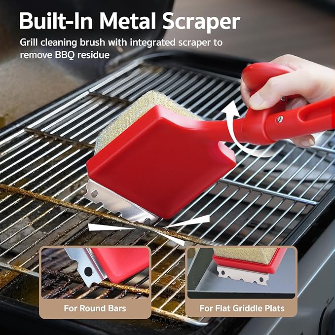 GASPRO Grill Brush Bristle Free for Outdoor Grill, BBQ Cleaning Brush Set with 2 Replacement Heads, Heat-Activated Sponge & Scraper, Ergonomic Handle, Safe for Most Grates, Red