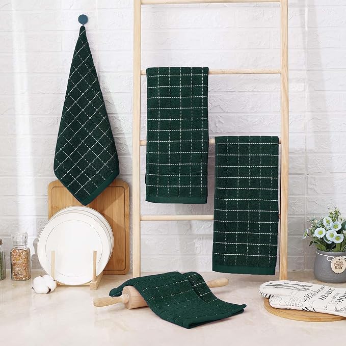 Homaxy Kitchen Towels and Dishcloths Set, 12 x 12 and 13 x 28 Inches, Set of 10 Bulk Cotton Terry Kitchen Towels Set, Checkered Designed, Soft and Super Absorbent Dish Towels, Blackish Green