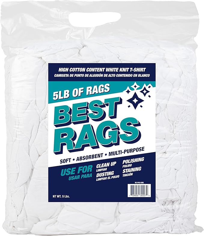 Arkwright Premium T-Shirt Rags Bulk, 5 lb Bag, Cotton Cleaning Towels, Low Lint Knit Wiping Cloths for Paint, Stain, Grease, Shop and Auto Use, Quick Dry Machine Washable, White