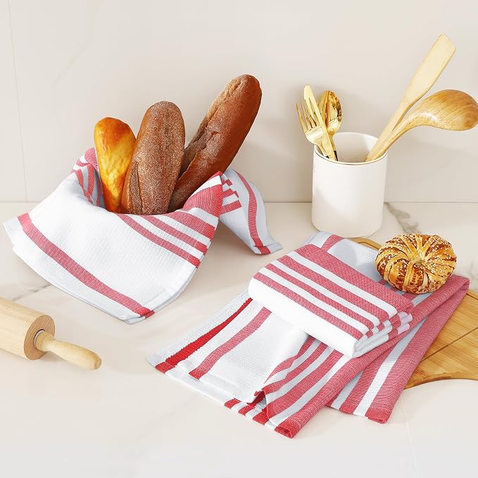 Homaxy Premium Kitchen Towels 18”x 28”, Large Cotton 380 GSM Kitchen Hand Towels, Stripe and Terry Dish Towel, Highly Absorbent Tea Towel Set with Hanging Loop, 3 Pack, Red