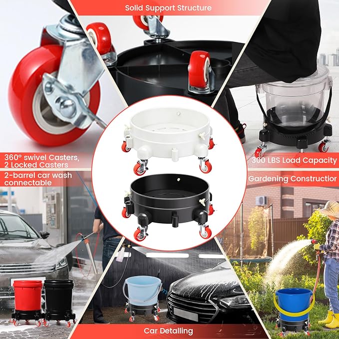 2Pcs 11 Inch Bucket Dolly, Removable Rolling Bucket Dolly, 5 Gallon Car, with 5 Heavy Duty Wheel Casters, 360°Rolling, Connectable, Locking, for Car Wash & Auto Detailing,Bearing 300lb,Black and White