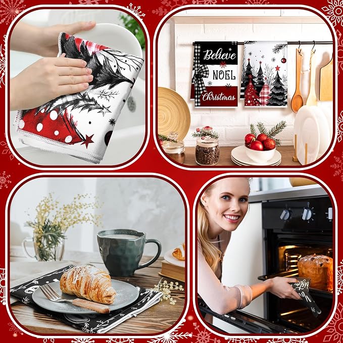 Bencailor 16 Pcs Christmas Kitchen Towels Xmas Holiday Hand Dish Towels Buffalo Plaid Snowman Truck Tea Dishcloths for Christmas Winter Holiday Kitchen Bathroom Home Decor Gifts