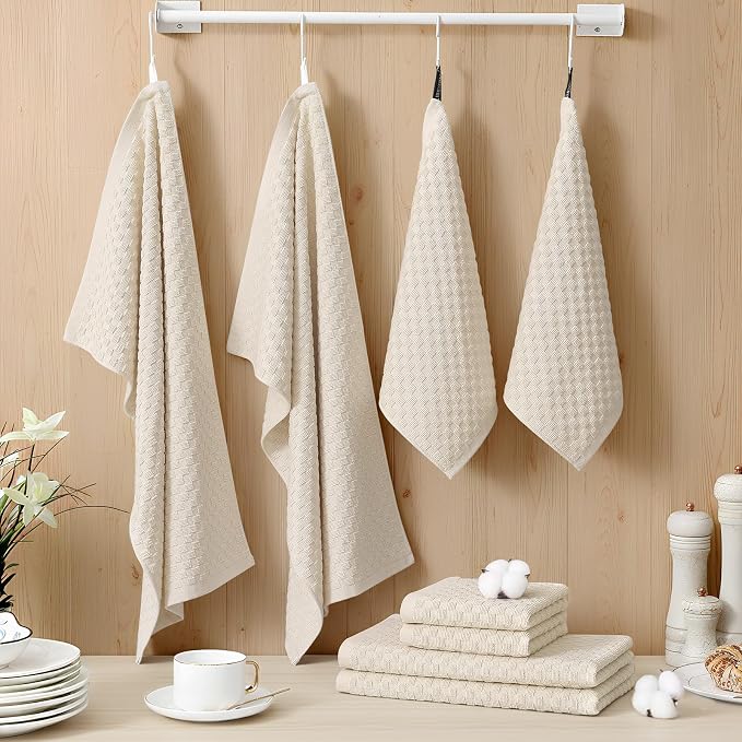 Homaxy 100% Cotton Kitchen Towels and Dishcloths Set, 12 x 12 & 15 x 25 Inches, Set of 10 Bulk Terry Cloth Dish Towels, Super Soft and Absorbent Hand Towel with Hanging Loop, Beige