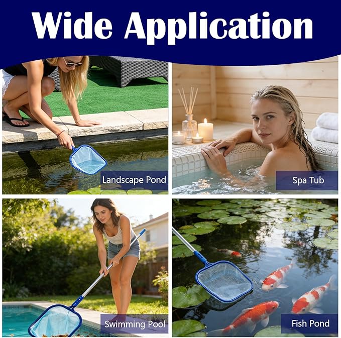 Pool Skimmer Net with 10FT Pole, Professional Hot Tub Spa Leaf Cleaner Net, Plastic Framed Fine Mesh Net Removes Leaves, Debris & Small Particles from Hot Tubs, Swimming Pools, Ponds