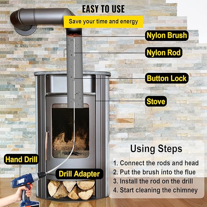 VEVOR Chimney Sweep Kit 23FT Length, Chimney Brush Kit with 7 Nylon Flexible Rods, Rotary Chimney Cleaning Kit Driven by Drill, Chimney Cleaning Tool Kits for Sweeping Fireplace Flue