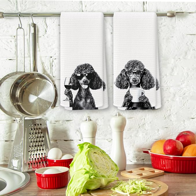 Funny Black Poodle Kitchen Towels Set of 2, Wine and Coffee Lover Gifts, Bar Accessories Dog Dish Tea Towels for Kitchen, Housewarming Gift Cute Animal Decorative Hand Towel 16x24 Inch