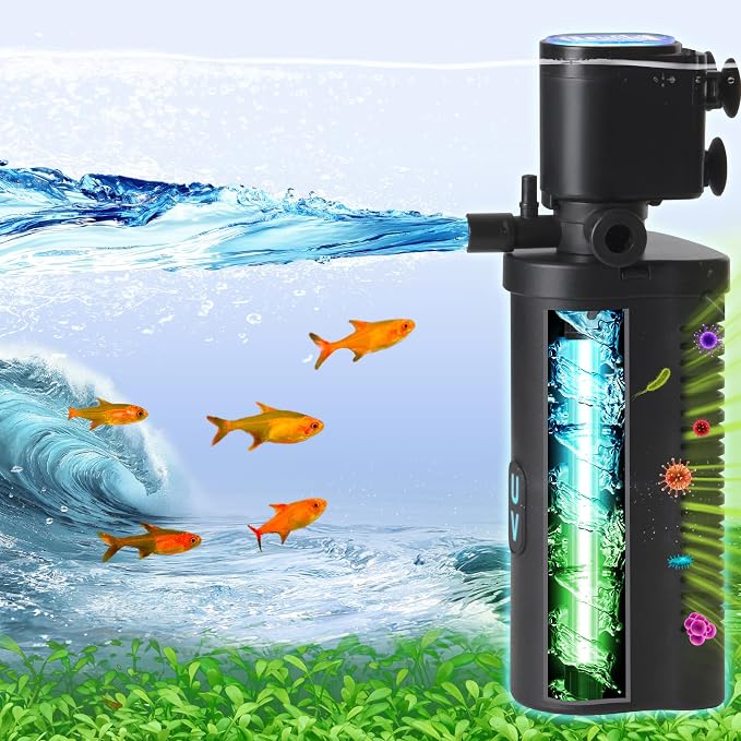 COOSPIDER Aquarium Filter with 6W U-V Light 158GPH for 10-45 Gallon Tank | Small Internal Fish Tank Filter with 8W Water Pump for Green Clean, Turtle Tank, Oxygen Supply, Deodorization, Water Cycle