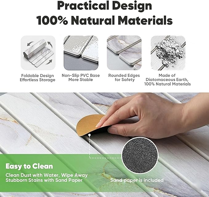 Stone Drying Mat for Kitchen Counter, Quick Diatomaceous Earth Mats for Dishes, 23.6"L x 15.7" W Super Absorbent Fast-Drying Collapsible Countertop Stone Mat (Marble White-04, 24" x 16")