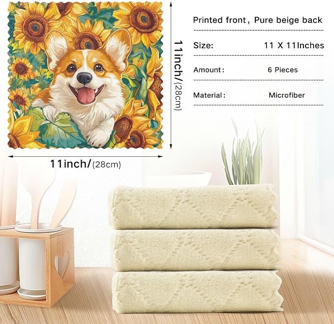 Yellow Sunflowers and Corgi Dogs Kitchen Towels Dish Cloths Set of 6 Microfiber Cleaning Cloths for Cars Super Absorbent Machine