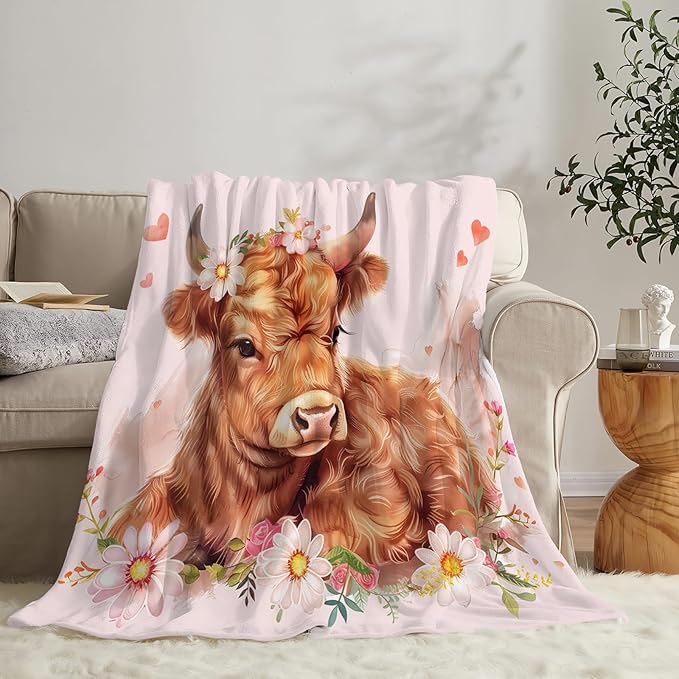 Tijuboni Pink Cow Throw Blanket Highland Cow Gifts for Girls Women Boys Men Kids Adults Soft Flannel Fleece Blanket for Couch Sofa Bed Home Decor 60"x80"