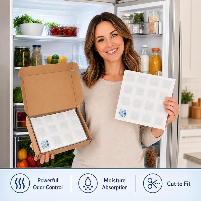 Rechargeable Refrigerator Deodorizer, Unscented Fridge Deodorizer & Moisture Absorber, Odor Eliminator for Fridge & Freezer, Long-Lasting Cut-to-Fit Fridge Shelf Liner, 11.8 × 19.3 in