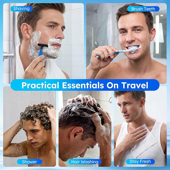 Travel Hygiene Kit Personal Toiletries Bulk, Disposable Homeless Care Package Supplies, Men Toiletry Set Cleaning Essentials Individually Wrapped for Camping, Travel, Relief, Charity (11-in-1, 50)