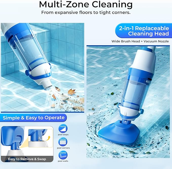Pool Vacuum for Above Ground Pool, 1427 GPH Powerful Stable Suction, Telescopic Pole up to 90.7", 1H Runtime, Cordless Pool Vacuum for Inground Pools, Extra-Large Filter, Ideal for Leaves/Sand/Debris