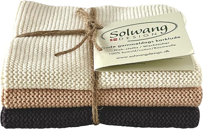Solwang 3-Piece Danish Cotton Dishcloths in 100% Certified Organic Cotton Made in India (Nougat/Nature/Grey Organic Combi)