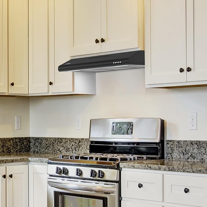 CIARRA AWB75918B Black Range Hood 30 inch Under Cabinet with Anti-Fingerprint Design, Slim Vent Hood with Push Button Control, Ducted and Ductless Convertible