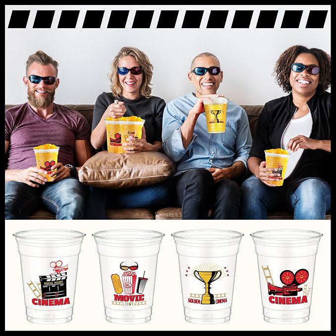 Pickmesh 50 Pcs Movie Night Theme Party Decorations Movie Night Plastic Cups Party Supplies 12 oz Thick Clear Disposable Drinkware Cups Retro Music Supplies