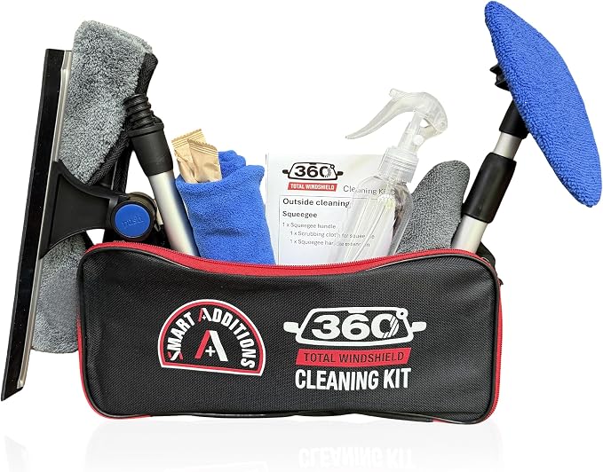 The 360° Total Windshield Cleaning KIT with car Window Squeegee, Interior Windshield Cleaner, Microfiber Cloth, Pads & Cleaning Solution - Interior & Exterior Cleaner