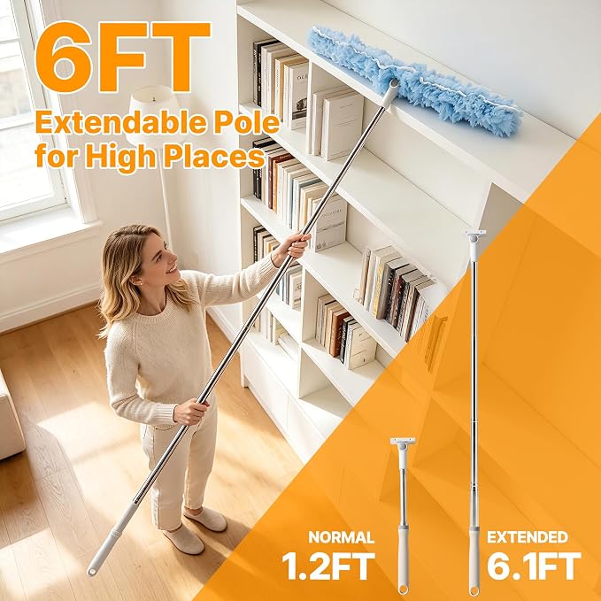 30 Count Heavy Duty Duster Refills, 6FT Extendable Handle with Dual Heads, 4 Fan Blades, 360 Microfiber Duster for Ceiling Fan, High Ceilings, Lamps, Hard-to-Reach Areas