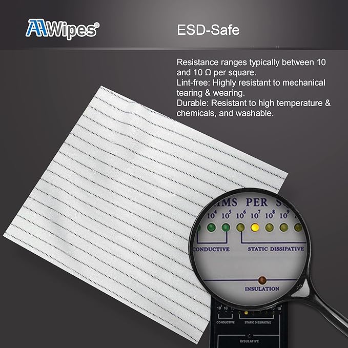 AAWipes ESD-Safe Wipes (9"x9", 100 pcs) - Lint-Free Cleanroom Cloth Wipers, Polyester-Carbon Blend (CE16009)