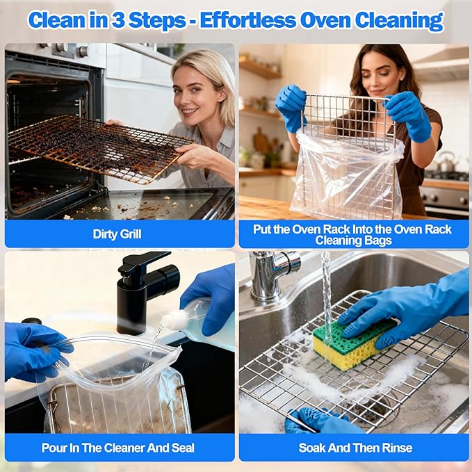 Palksky Oven Rack Cleaning Bags, 27.5''*19.6'' Heavy Duty No Scrub Oven Rack Cleaning Bags, Reusable Leak-Resistant PE Bags for Deep Soaking Grill Grates, BBQ Racks, No Cleaner Included, 10 Pack