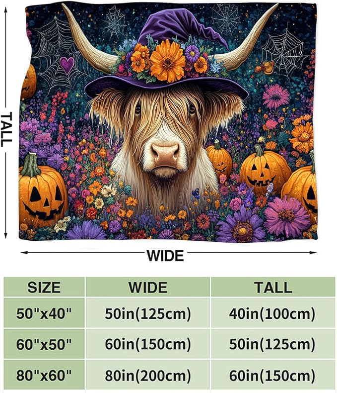 Tijuboni Halloween Highland Cow Pumpkin Throw Blanket for Girls Boys Women Men Kids Adults Soft Flannel Fleece Blanket for Couch Sofa Bed Home Decor 40"x50"