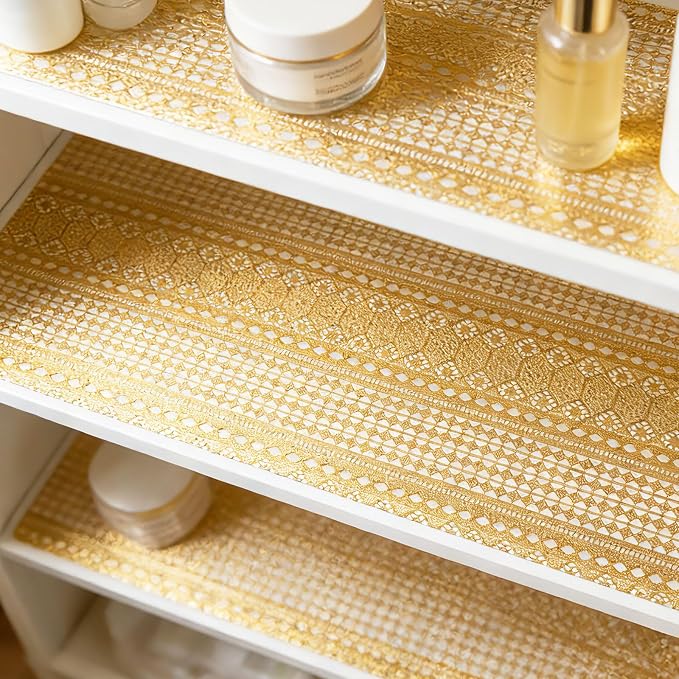 Drawer and Shelf Liner - Gold Geometric Lace Pattern,Non Adhesive Non Slip Waterproof Easy-Clean Shelf Liner for Kitchen Cabinet, Refrigerator, Bathroom, Pantry Storage Drawers, 17 in x 30 Ft