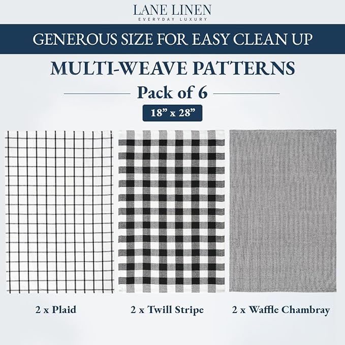LANE LINEN Kitchen Towels Set – Pack of 6 Cotton Dish Cloths, 18”x28”, Soft & Quick-Drying Tea Towels for Cleaning – Black