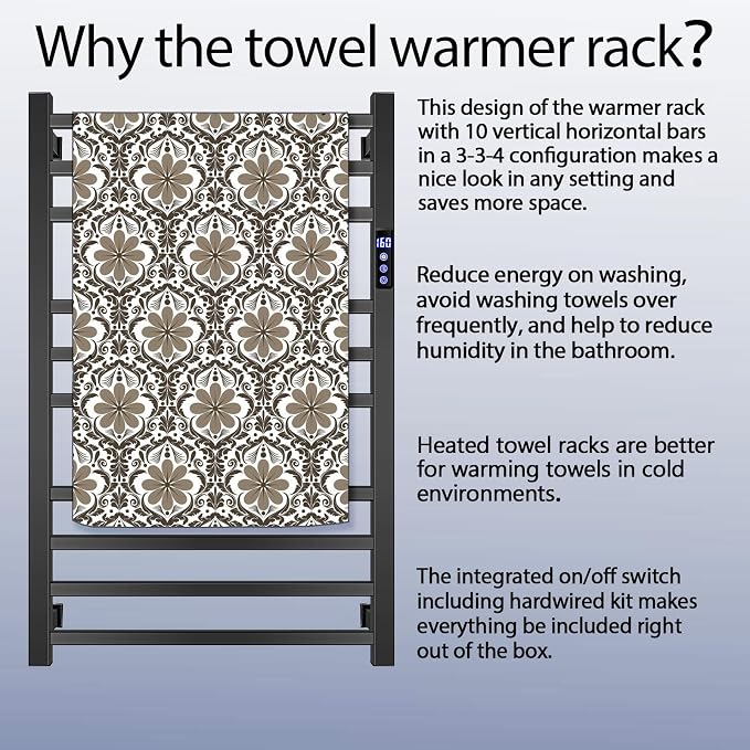 XBVV Black Towel Warmer Rack for Bathroom with Timer/Fahrenheit Display Electric Heated 10 Bars Drying Rail Plug-in or Hardwired Wall Mounted Heating Bath Towel Warming(Matte Black)