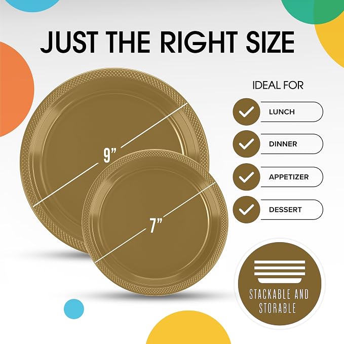 Exquisite Party Solids Gold Plates Disposable Gold Plastic Plates 100 Pieces - 50-7" & 50-9" Heavy Duty 350 GSM Disposable Dinnerware Sets, Plastic Dinnerware Sets