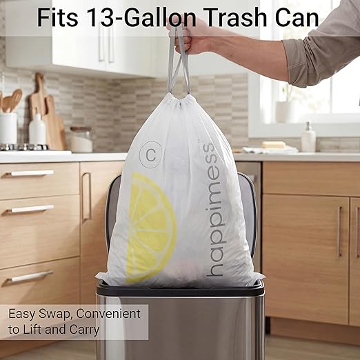 happimess 13.2 Gallon (50L) Drawstring Trash Bags, Lemon Scent, White, Heavy Duty MDPE Liners for Kitchen and Household, Odor Control, Custom Fit 40 Count (3-Packs of 20 Liners) HPM3100C-W-2SET
