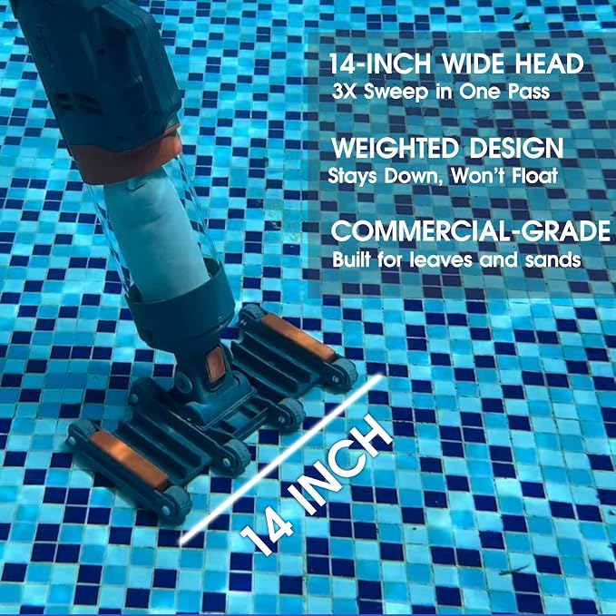 Heavy Duty Handheld Pool Vacuum - 18.9GPM Powerful Suction, 25µm Ultra Fine Mesh Filter for Smaller Debris, 14'' Wide Vacuum Head, 60mins Running Time (Orange)