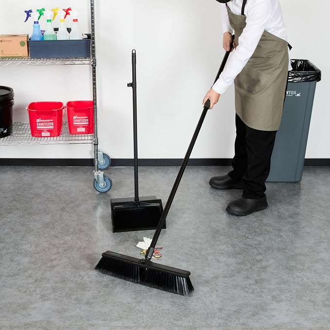 Restaurantware-Clean Tek Professional 17.13 Inch Push Broom, 1 Heavy-Duty Broom with 59” Handle - Fine Bristles, 2 Handle Attachment, Wooden, Commercial Use, for Deck, Garage, Yard, Patio