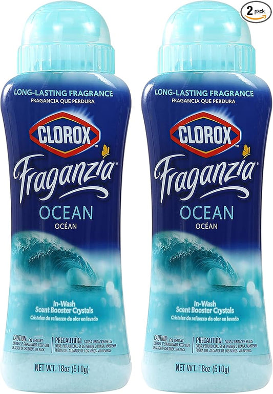 Clorox Fraganzia In-Wash Laundry Scent Booster Crystals, Ocean Scent Fragrance Beads for Clothes and Linens, Safe for All Fabrics and Colors, HE Compatible, 18 Oz, 2 Pack