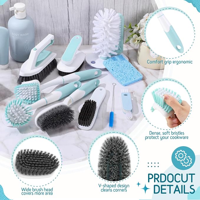 10 Pack Dish Brush Set for Household Use Kitchen Scrub Brushes with Non-Slip Long Handle Multi-Purpose Cleaning Brushes for Dishes Pot Pan Kitchen Sink Tub Cup Clothes Shoes Floor(Blue)