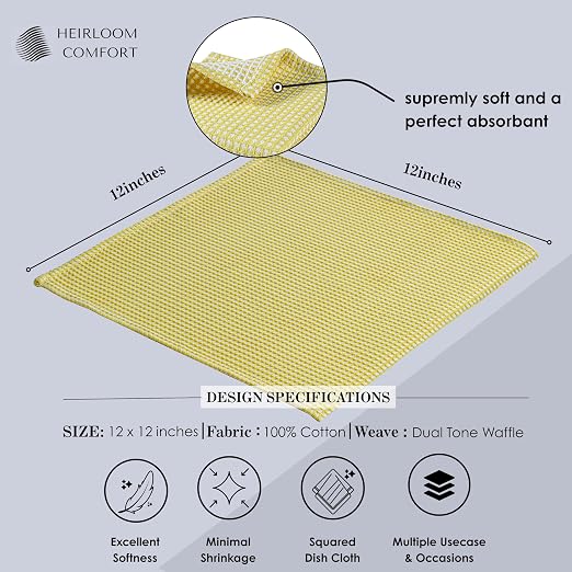 Dual Waffle Weave Dish Cloth, 12 Pack, 12x12 Inch, 100% Cotton, Reversible, Super Absorbent, Quick Dry, Soft for Cleaning, Durable Dishcloth Set, Hand Dish Rag, Lemon Yellow