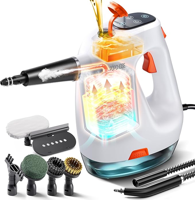 POPCHOSE Steam Cleaner with Detergent Dispenser, 15s Heat-Up Handheld Steam Cleaner for Home, Removable Water Tank