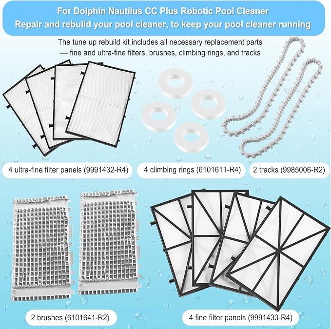 Tune Up Rebuild Kit Replacement Parts w/ 9991433-R4 Ultra Fine Filter Panels, 6101641-R2 Grey Brushes, Climbing Rings, 9985006-R2 Tracks For Maytronics Dolphin Nautilus CC Plus Robotic Pool Cleaner