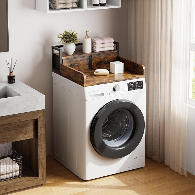 2-Tier Washer Dryer Countertop, Washing Machine Countertwith Shelf and 2 Drawers, Washer and Dryer Topper with High Guardrails, Smooth Edges, for Laundry Hamper Counter Storage Organization