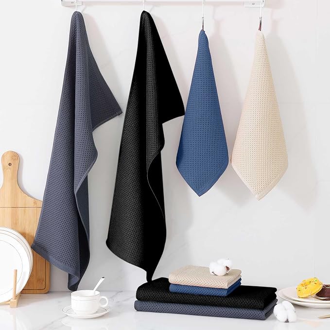 Homaxy 100% Cotton Kitchen Towels and Dishcloths Set, 12 x 12 Inches and 13 x 28 Inches, Set of 12 Bulk Kitchen Towels Set, Ultra Soft Absorbent Dish Cloths for Washing Dishes, Grey/Beige/Blue/Black