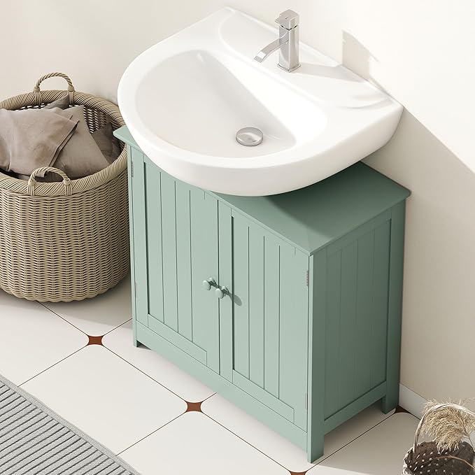 HOMCOM Under Sink Bathroom Cabinet, Pedestal Sink Storage Cabinet with 2 Doors, Shelf and U-Shape, Dark Green