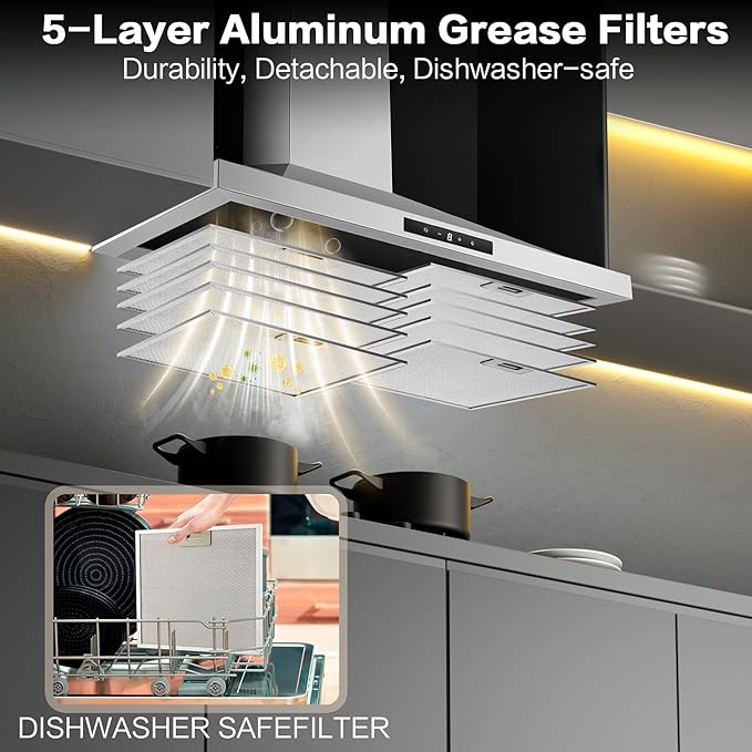 Range Hood 30 inch Stainless Steel, Wall Mount kitchen Hood Ducted/Ductless Convertible, Vent Hood w/ 3 Speeds, Touch Control, 5-Layer Mesh Filters, Energy-Saving LED Lights