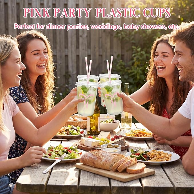 LemonRoad 50sets 16 oz Cute Pink Bow Cups Pink Birthday Party Decorations Supplies Cute Plastic Cups Disposable with Lids and Straws for Valentines Galentines Day Christmas Wedding Baby Shower
