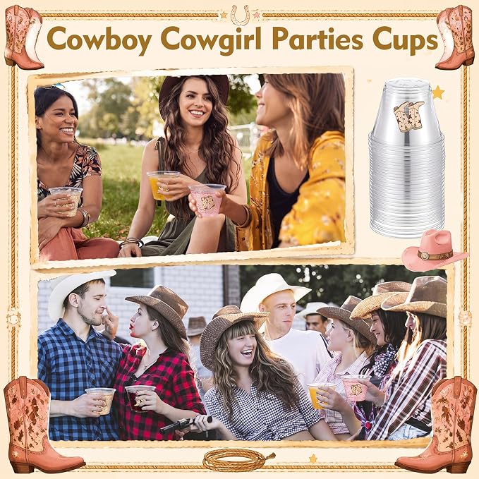 LemonRoad 100 Pack Brown Cowboy Cup 9 oz Western Cowboy Boots Disposable Clear Plastic Cocktail Cups Hot Cold Beverage Drinks for Birthday Baby Shower Western Last Rodeo Party Decorations Party Favors