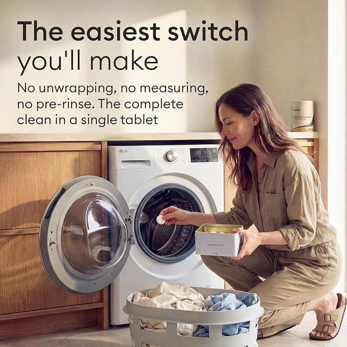 Vove Laundry Detergent Tablet Starter Set, 40 Loads with Reusable Storage Tin - Plastic-Free, PVA-Free, Zero Microplastics - Enzyme-Powered, Plant-Based, Fragrance-Free, Works in Cold Water
