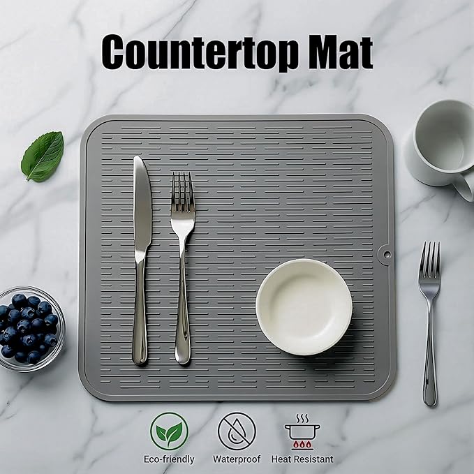 MicoYang Silicone Dish Drying Mat for Multiple Usage,Easy clean,Eco-friendly,Heat-resistant Silicone Mat for Kitchen Counter or Sink,Refrigerator or Drawer Liner Grey XL 18 inches x 16 inches