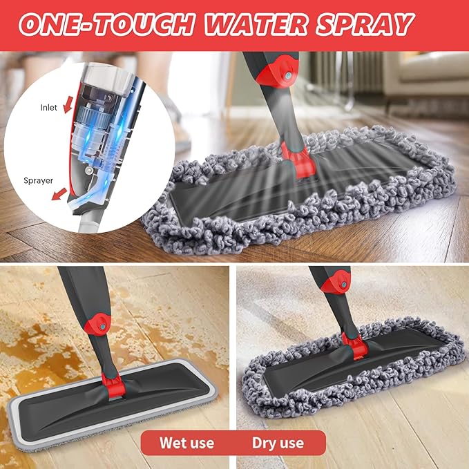 HOMTOYOU Spray Mops with 9 Reusable Pads: Wet Mop for Hardwood Tile Wood Laminate Vinyl - Absorbs Pet Hair Dust